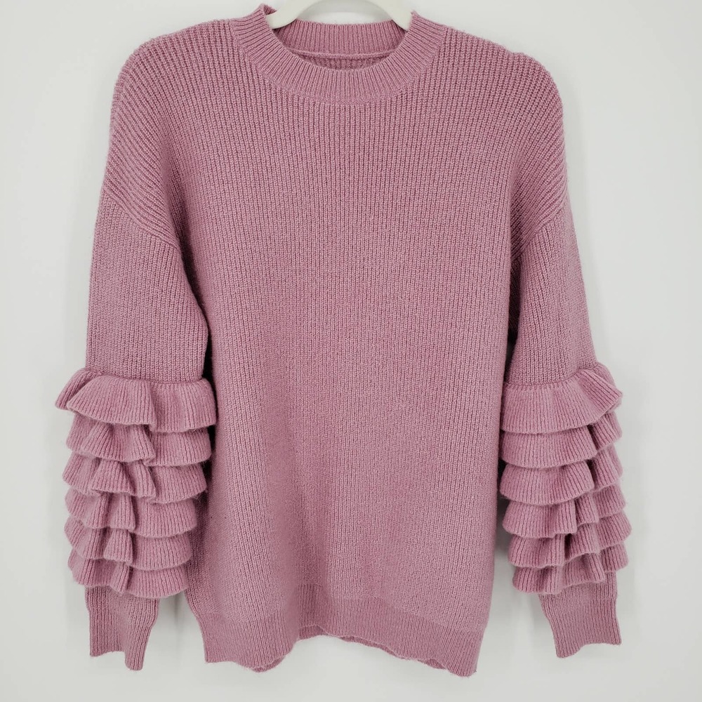 Atoir Ribbed Knit Sweater S Ruffle Long Sleeve Crew Neck Chunky Mauve Pink NWT